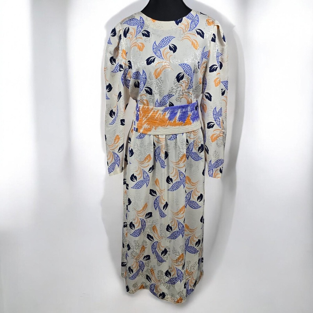 VTG Icinoo Silk Midi Dress Woman 8 Long Sleeve Belted Waist Cream‎ Blue Orange
